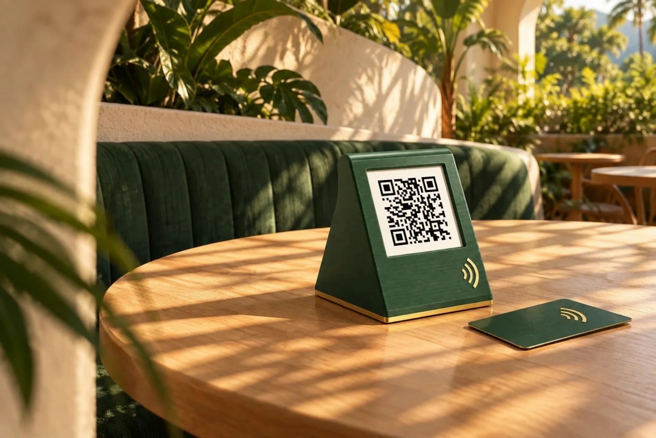 Render ilustrativo de un stand de mesa DataFud con código QR y una tarjeta NFC sobre una mesa de un café