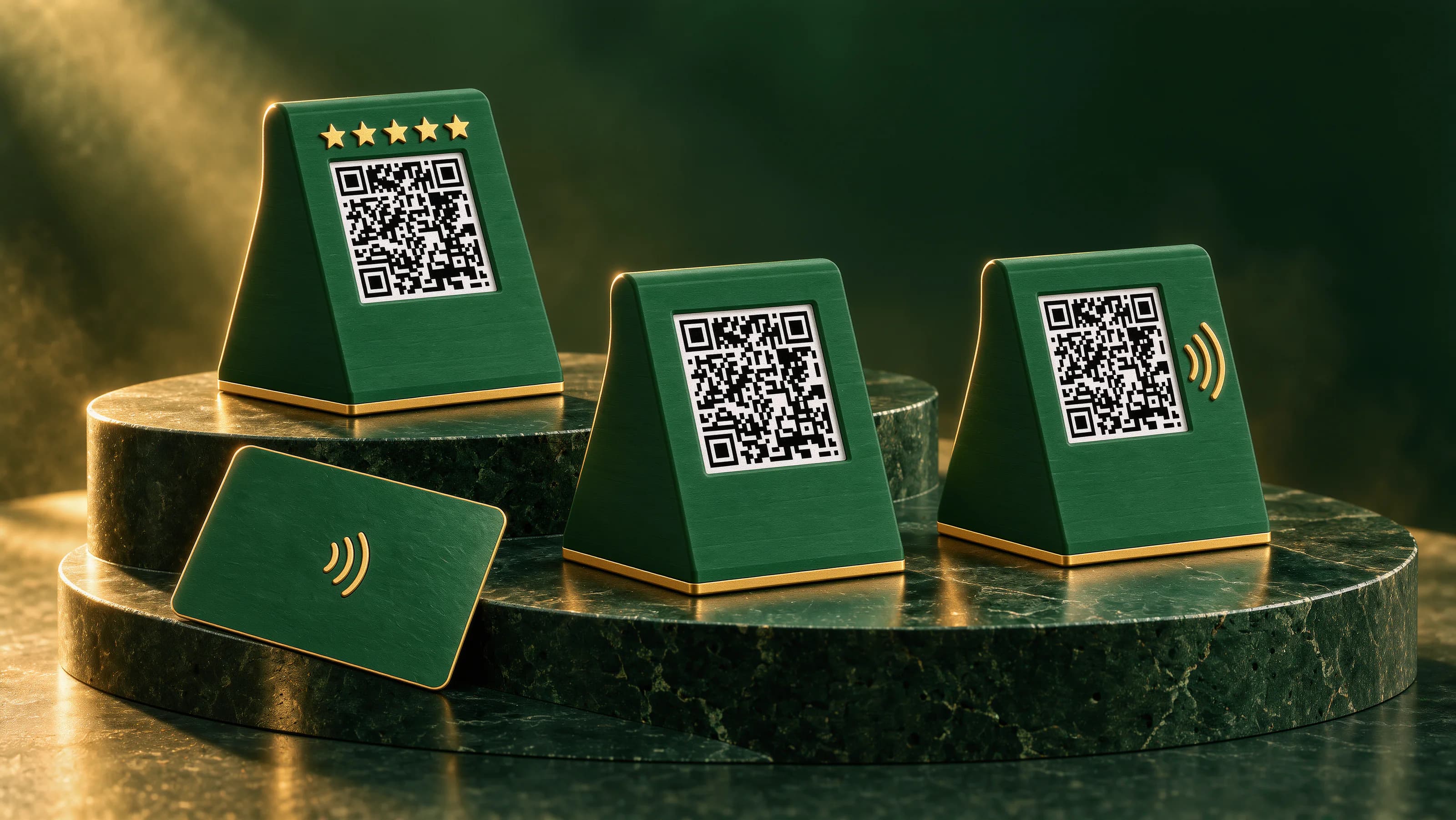 Render ilustrativo de los tres stands de mesa DataFud (QR, QR con NFC y reseñas) y una tarjeta NFC sobre una base de piedra verde, con luz dorada