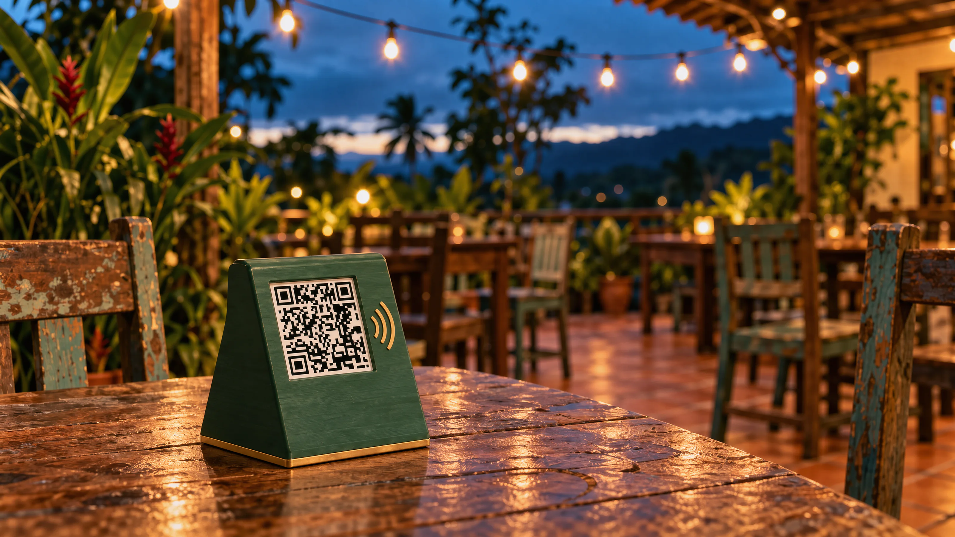 Render ilustrativo de una soda costarricense de noche, con luces cálidas y un stand de mesa DataFud sobre una mesa de madera