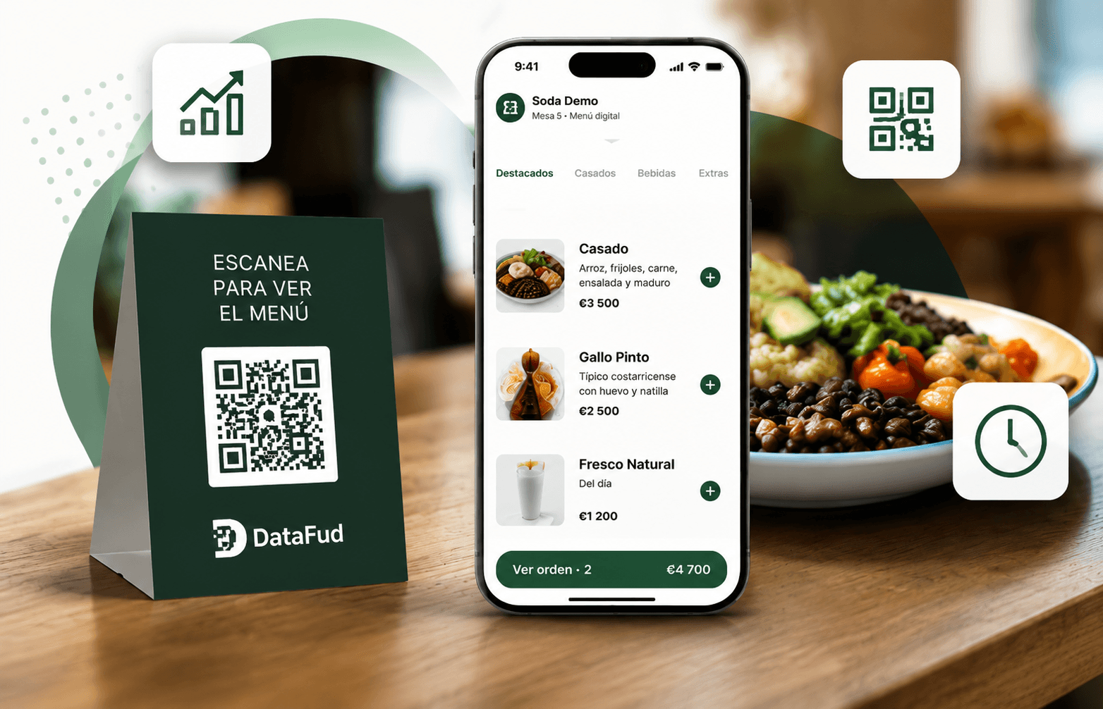 Menú digital DataFud en mesa e interfaz móvil