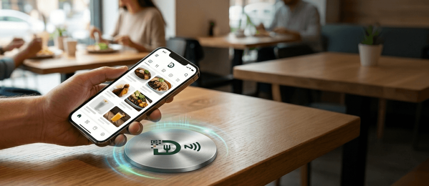 Cliente acercando su celular a una tarjeta NFC de DataFud